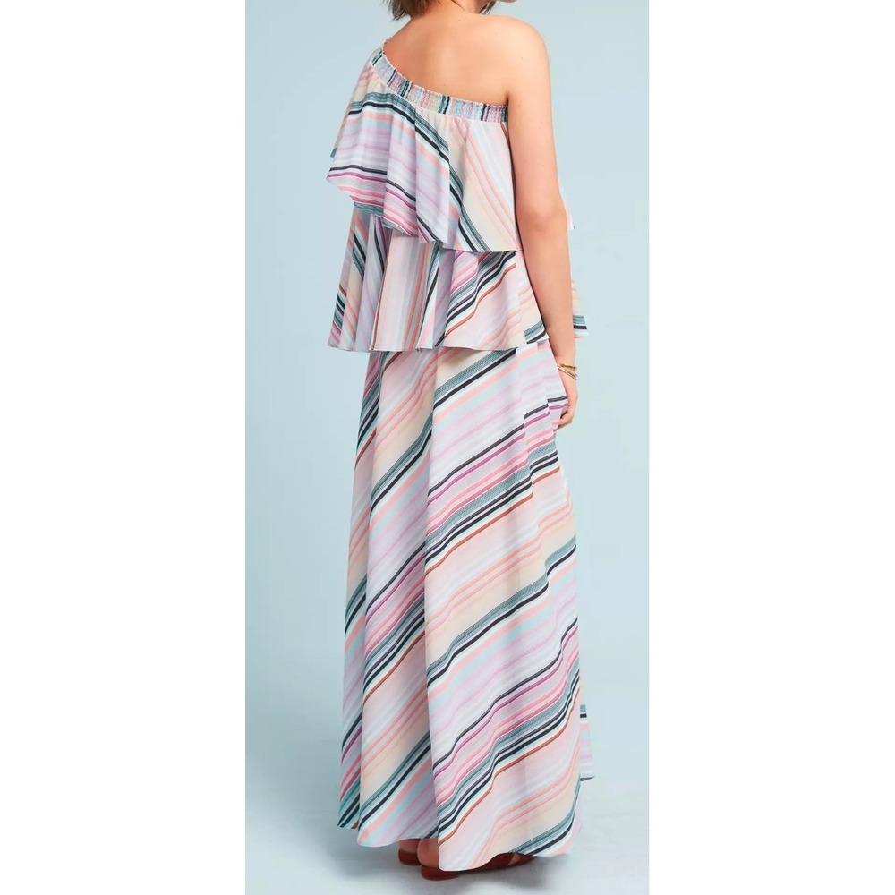 Anthropologie Striped One Shoulder Ruffle Tiered Maxi Dress Multi Color Boho - Picture 3 of 9